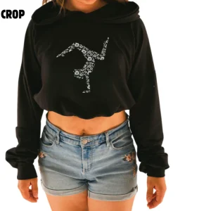 Hoodie crop manche longue en bambou noir avec élastique à la taille pour femme Gymnastique en fleurs