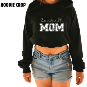 Hoodie crop manche longue en bambou noir avec élastique à la taille pour femme. Baseball Mom