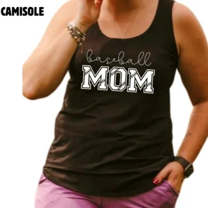 Camisole longue pour femme noire en bambou avec le bas arrondi et les bretelles larges. Baseball Mom
