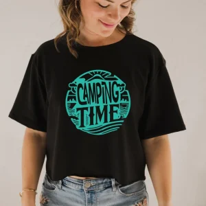 T-shirt Marie crop en bambou noir pour femme - Imprimé CAMPING TIME
