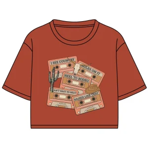 T-shirt Marie crop Winslow en bambou orangé pour femme - Imprimé Cassettes