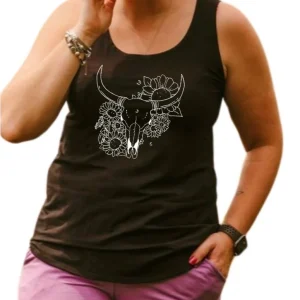 Camisole longue pour femme noire en bambou avec le bas arrondi et les bretelles larges - CRÂNE & FLEURS