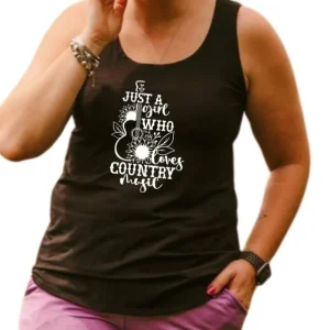 Camisole longue pour femme noire en bambou avec le bas arrondi et les bretelles larges - COUNTRY MUSIC