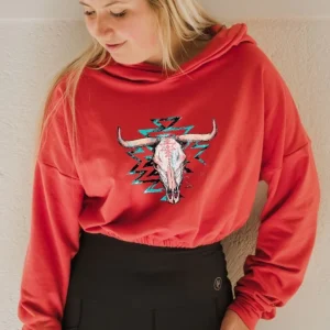 Hoodie crop manche longue en bambou corail avec élastique à la taille pour femme - CRÂNE GÉOMÉTRIQUE