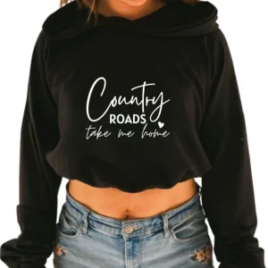 Hoodie crop manche longue en bambou noir avec élastique à la taille pour femme - COUNTRY ROADS