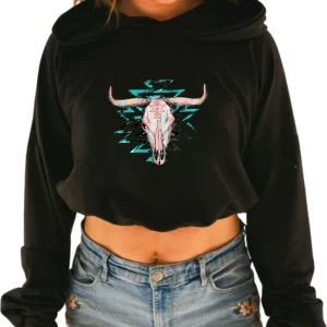 Hoodie crop manche longue en bambou noir avec élastique à la taille pour femme - CRÂNE GÉOMÉTRIQUE