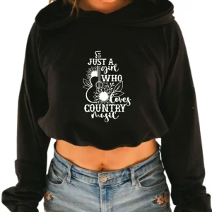 Hoodie crop manche longue en bambou noir avec élastique à la taille pour femme - COUNTRY MUSIC