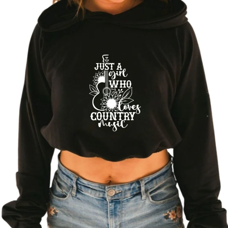 Hoodie crop manche longue en bambou noir avec élastique à la taille pour femme - COUNTRY MUSIC – Image 2