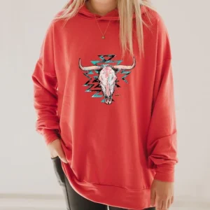 Hoodie oversize manche longue en bambou corail avec bande à la taille pour femme - CRÂNE GÉOMÉTRIQUE