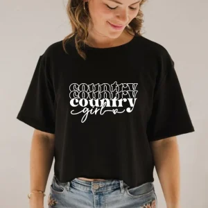T-shirt Marie crop en bambou noir pour femme - Imprimé Country girl
