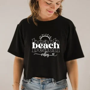 T-shirt Marie crop en bambou noir pour femme - Imprimé Beach vibes