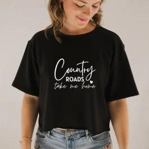 T-shirt Marie crop en bambou noir pour femme - Imprimé Country roads