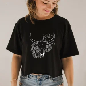 T-shirt Marie crop en bambou noir pour femme - Imprimé Crâne & fleurs