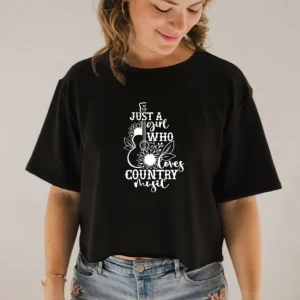 T-shirt Marie crop en bambou noir pour femme - Imprimé Country music
