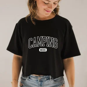 T-shirt Marie crop en bambou noir pour femme - Imprimé Camping mode